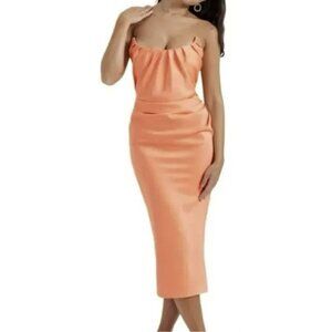 House of CB Midi Dress Corset Orange Strapless Ruched Sexy Sz Large NWT